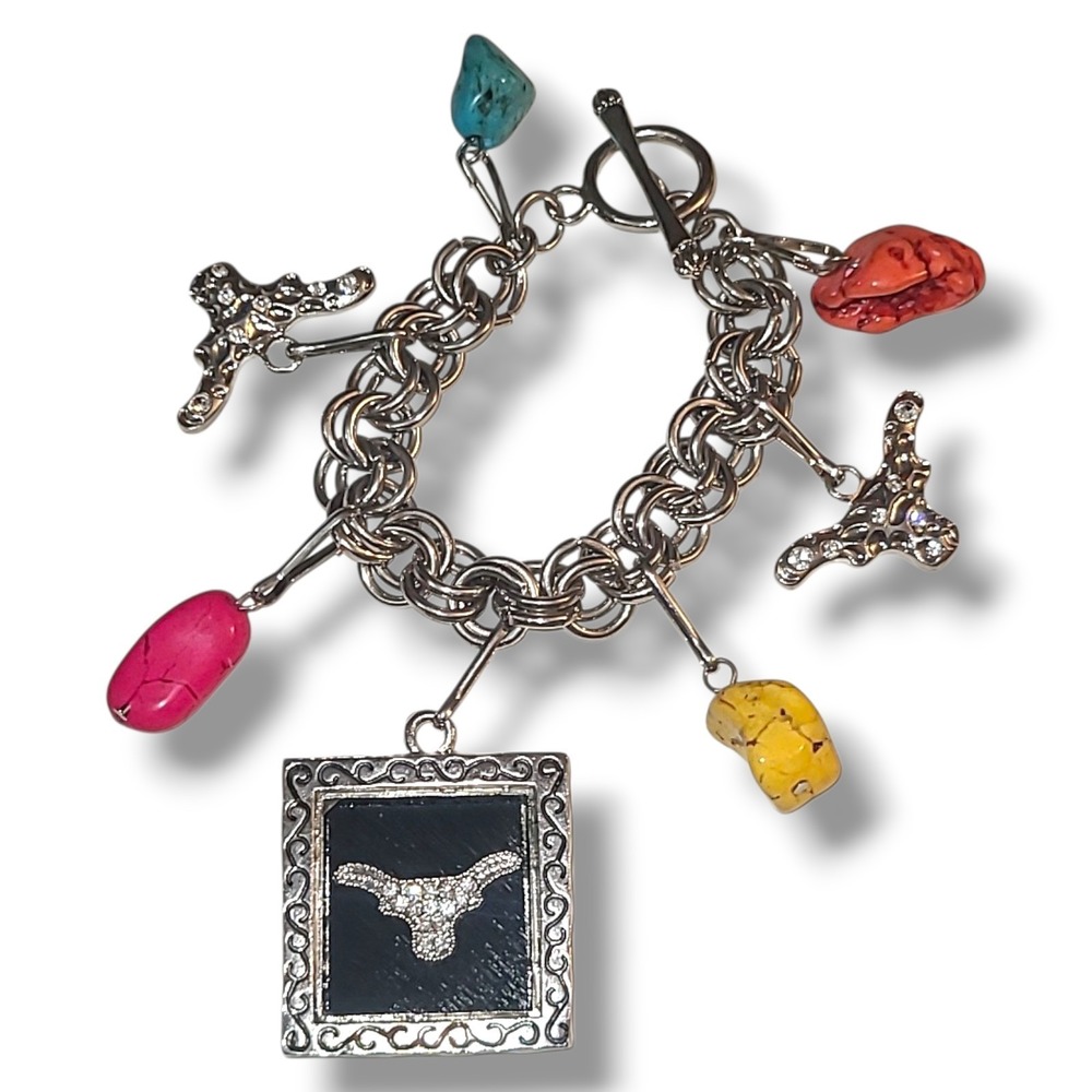 Western Silver Tone Chunky Charm Bracelet Longhorn Turquoise Coral Beads‎ 8" - Picture 2 of 3